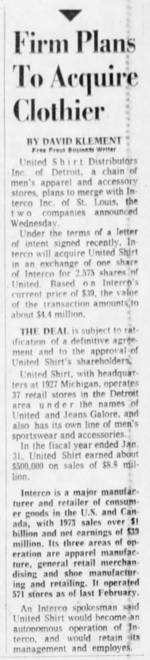 United Shirt - Aug 1973 Sale To Interco